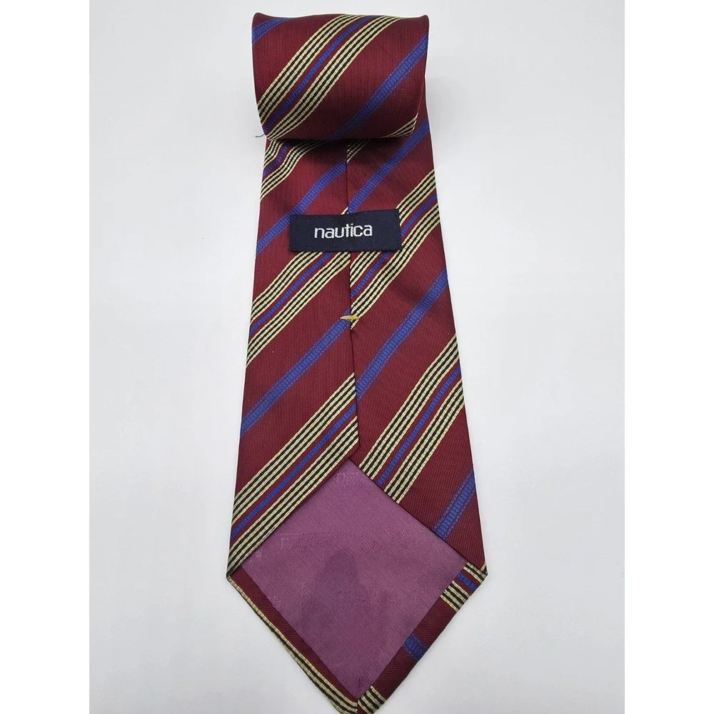 Vintage Nautica Tie Mens Crimson Blue Gold Black Silk Striped Necktie 55